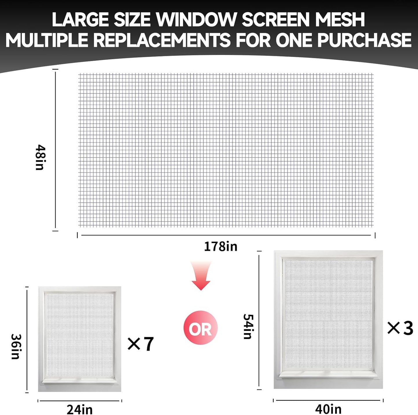 Window Screen Door Repair/Replacement Kit,48" x178" Adjustable Durable Fiberglass Window Screen Mesh,with Spline/Roller/Hook/Clips Screen Door Repair Kit,DIY Window,Porch Sliding Door(Grey)