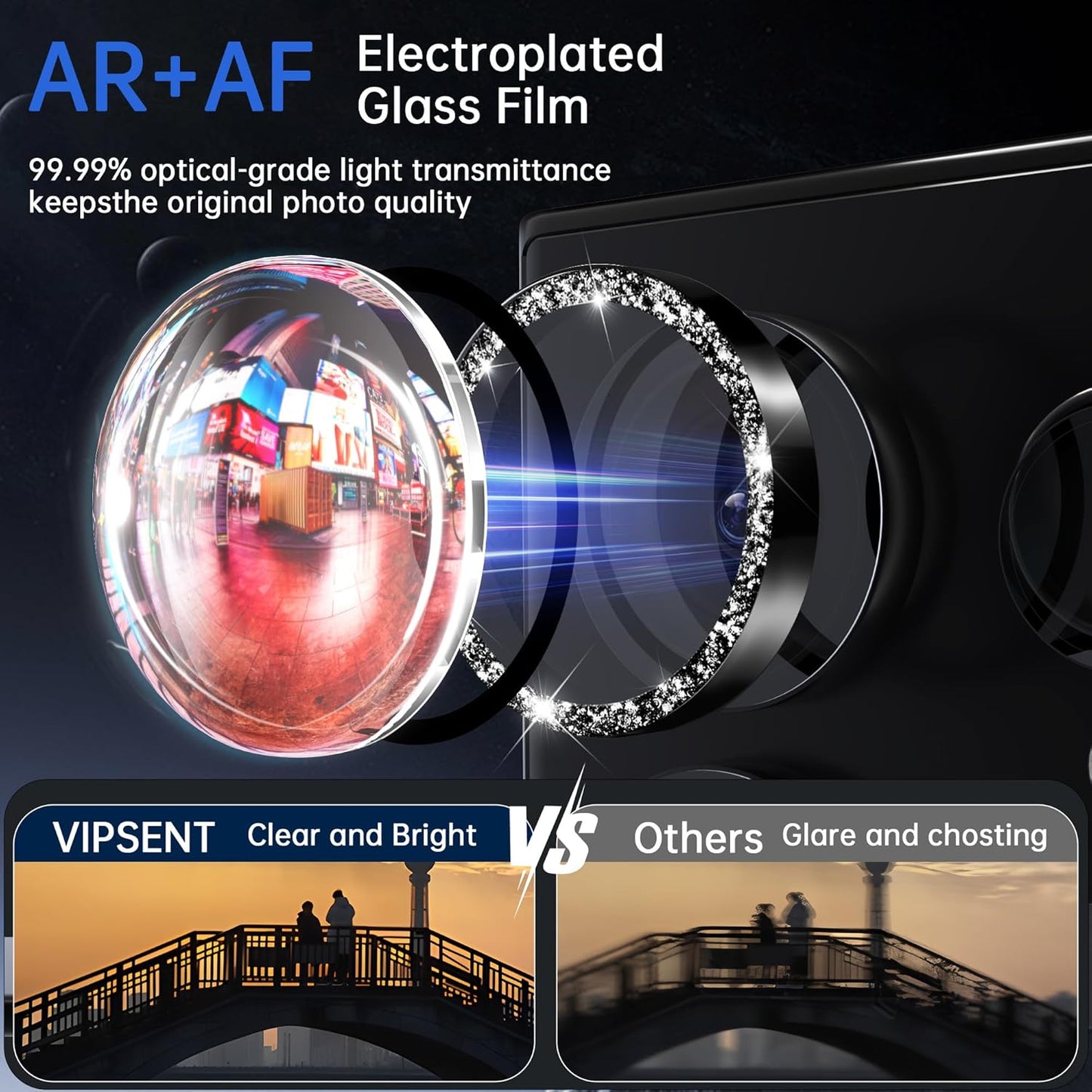 For Samsung Galaxy S24 Ultra Camera Lens Protector, Individual Lens Protector, Ultra HD 9H Tempered Glass Screen Protective Cover, Anti-scratch, Military Grade Drop Protection 2 Set. (Glitter Black, S24 Ultra)