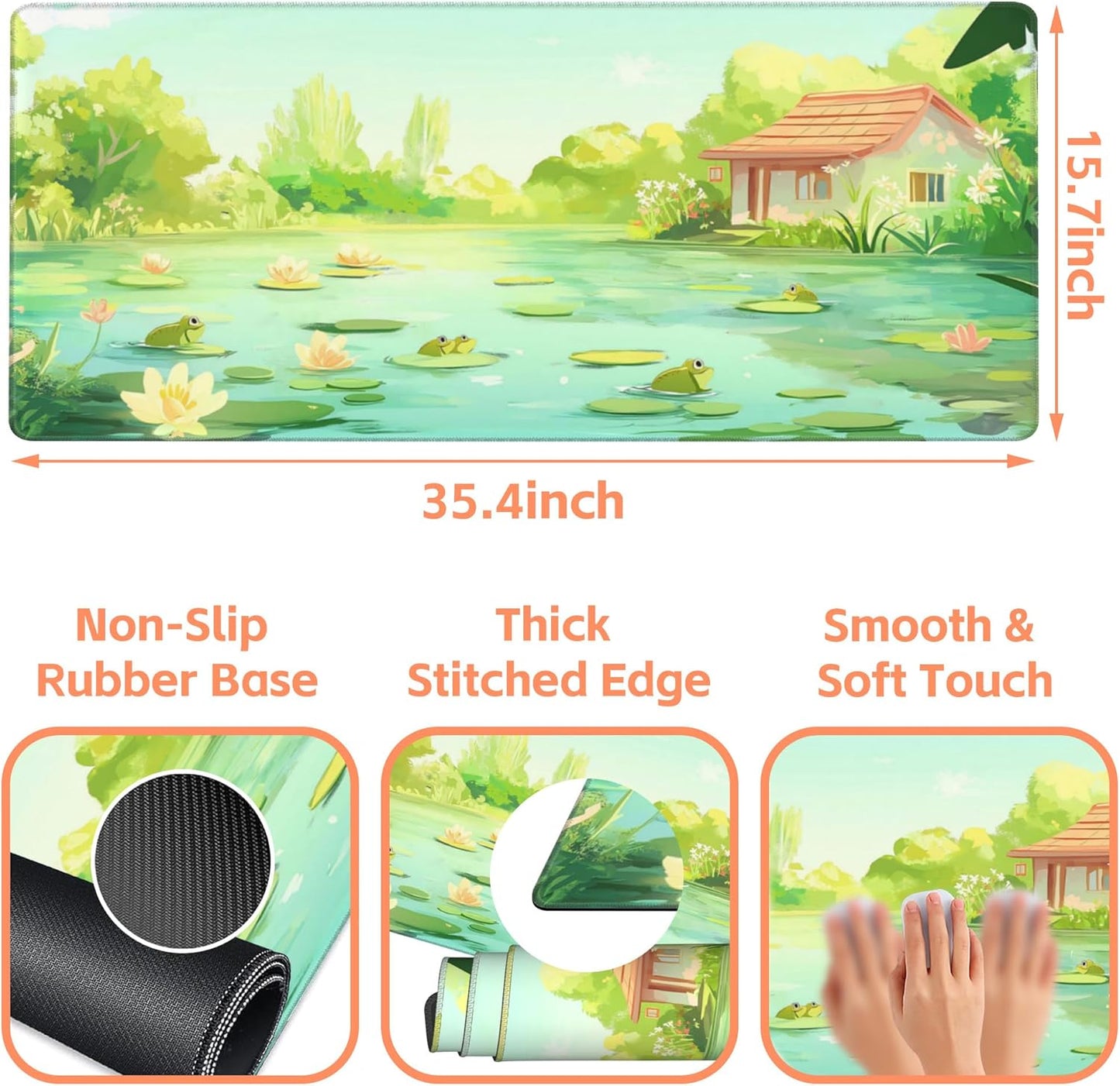 Mouse Pad Large Frog in The Water Non-Slip Game Desk Mat with Stitched Edge Laptop Keyboard Desk Pad for Work Home Gaming (35.4 x 15.7 Inches)