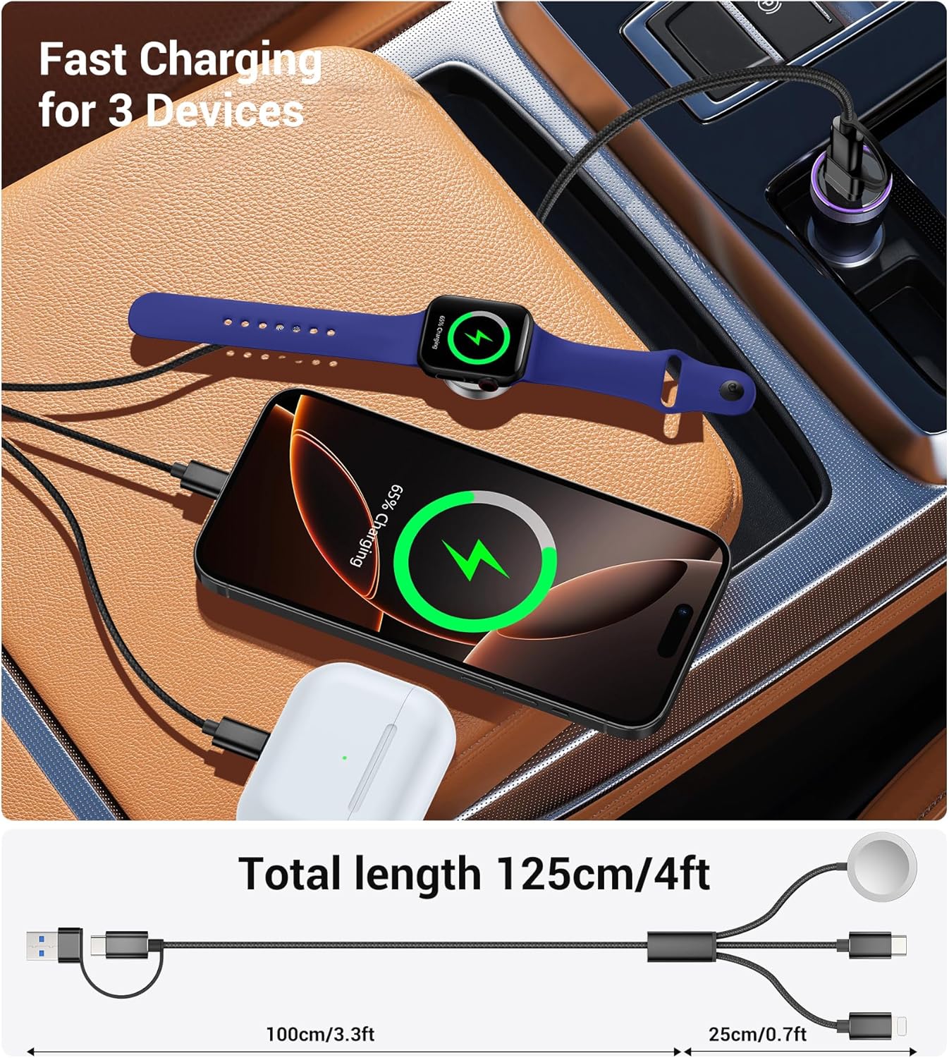 Temdan for Travel Vacation Essentials,3 in 2 USB C Cable for Apple Watch Charger/iPhone 16 Charger/Lightning,Multi Charging Cable Cord,Camping Essentials,Designed for iWatch &iPhone 16-12-4FT Black