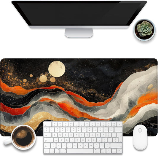 Large Gaming Mouse Pad, Orange Golden Waves Desk Mat, Abstract Art Painting Desk Pad, 31.5"x15.7" Extended Big Computer Keyboard Mouse Pad with Non-Slip Base and Stitched Edge