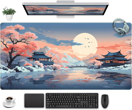 Kawaii Desk Mat Japan Desk Pad Extra Large Gaming Mouse Pad XXL, Computer Laptop Keyboard Pad Gamer Desk Setup, Pink and Blue Mouse Mats with Stitched Edges, Vintage Office Decor 31.5" x 15.7"
