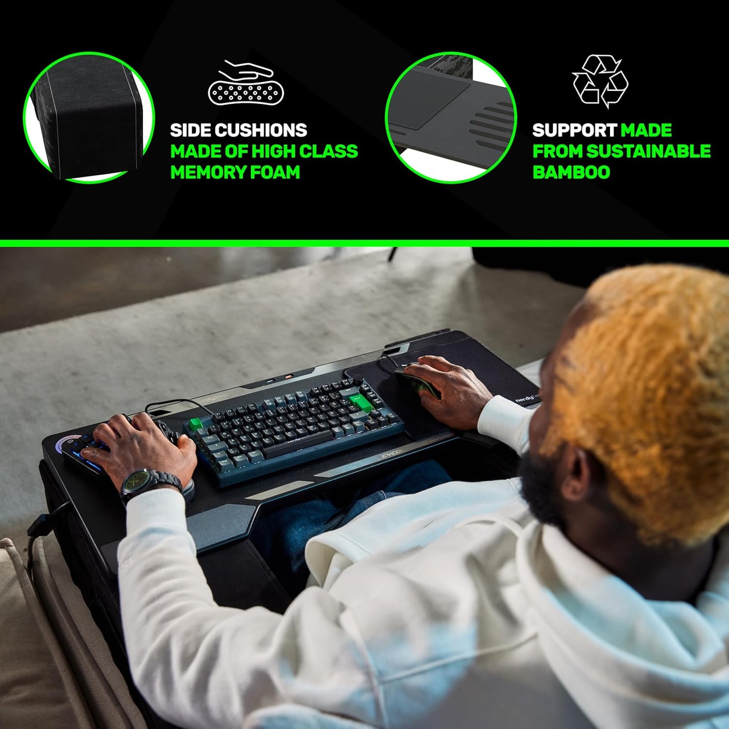 Couchmaster CYBOT, Premium Ergonomic Lap Desk for Notebooks, Sustainable Bamboo Construction, Kevlar Cushion Front, Ventilated Design, Fits Up to 17-Inch Laptops