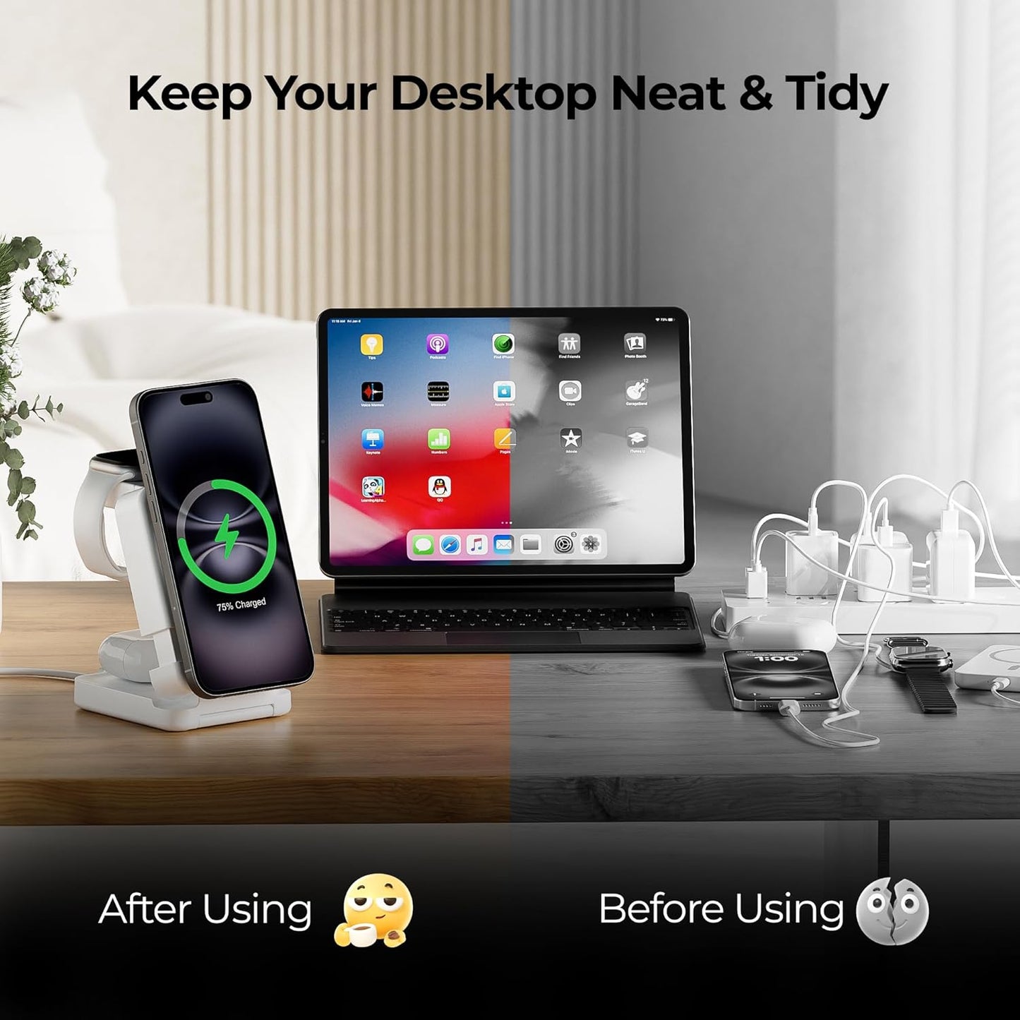 【2025 Upgraded】 Wireless Charger 3 in 1, Foldable Wireless Charging Station, Travel Magnetic Charger Stand, Nightstand 15W Charging Station for iPhone 16 Samsung S25 Samsung Watch TWS Earphone iWatch