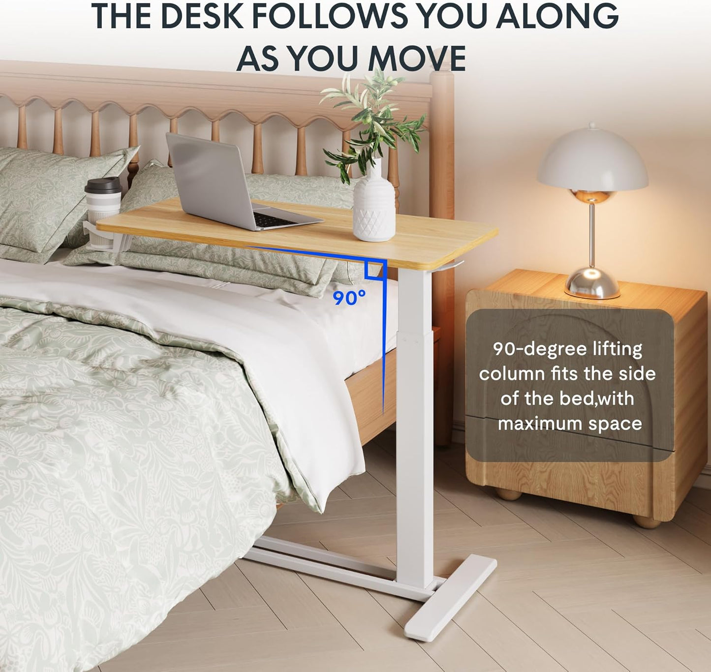 FLEXISPOT H7 Adjustable Overbed Bedside Table with Wheels Pneumatic Mobile Standing Desk Laptop Desk Rolling Computer Cart Movable Table Hospital Home Use(31.5" W x 17.7" D, Maple Large)