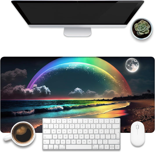 Desk Mat, Rainbow and Full Moon Desk Pad, Beach at Night Large Gaming Mouse Pad for Desk, 31.5"x15.7" Extended Big Computer Keyboard Mouse Pad with Non-Slip Base and Stitched Edge