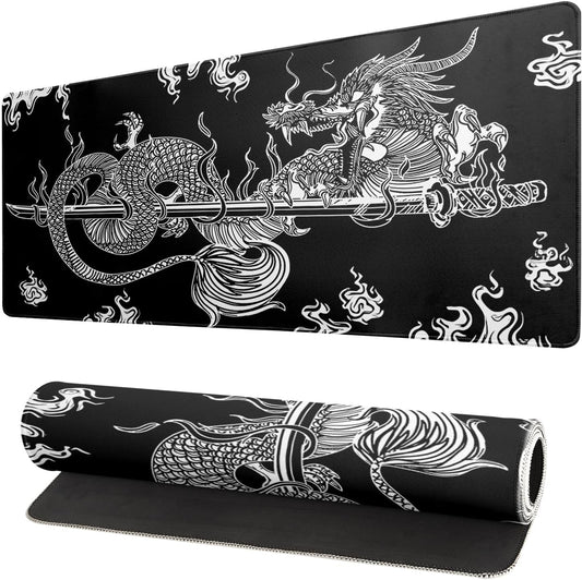 Dragon Gaming Mouse Pad - Black, Large (31.5x11.8 Inch), Non-Slip Base, Stitched Edge for Gaming & Office