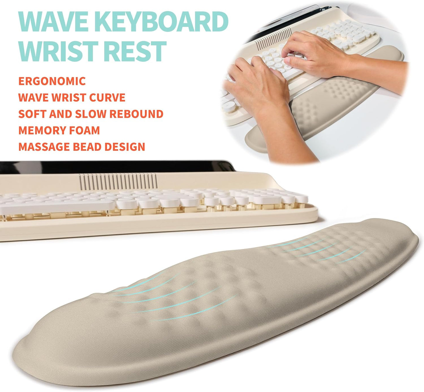 2-in-1 Ergonomic Set, Wave Rise Keyboard Wrist Rest and Massage Bulge Slope Mouse Pad Wrist Support, Cushion Memory Foam Integrated to Relieve Wrist Pain, Apricot