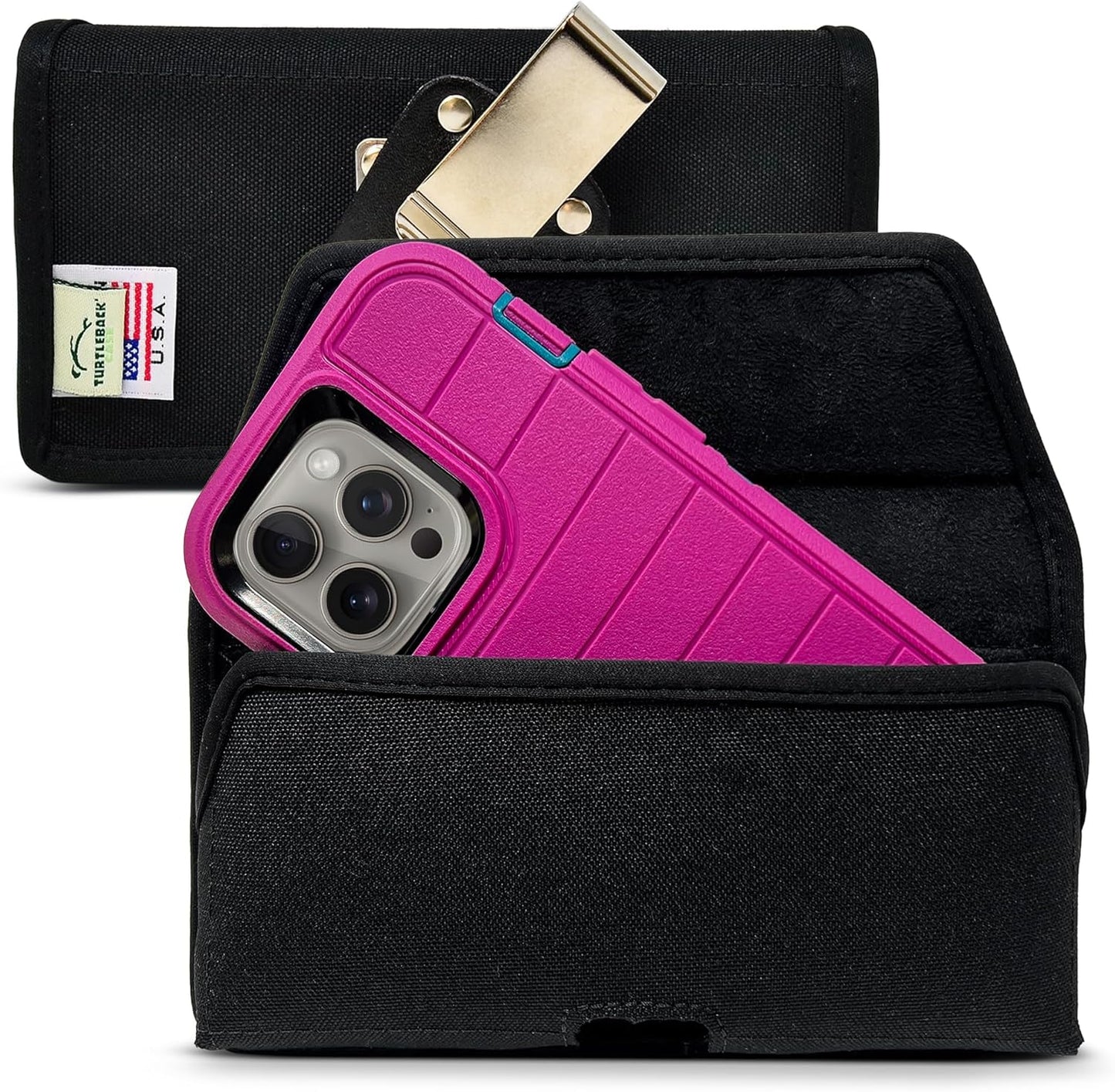 Turtleback Belt Clip for iPhone 16 Pro, 16e, 15 pro 14 Pro 13 Pro -Large- Fits w/Defender Bulky Style Cases, Premium Black Nylon, Horizontal Belt Holder, Magnetic Closure HD Rotating Belt Clip