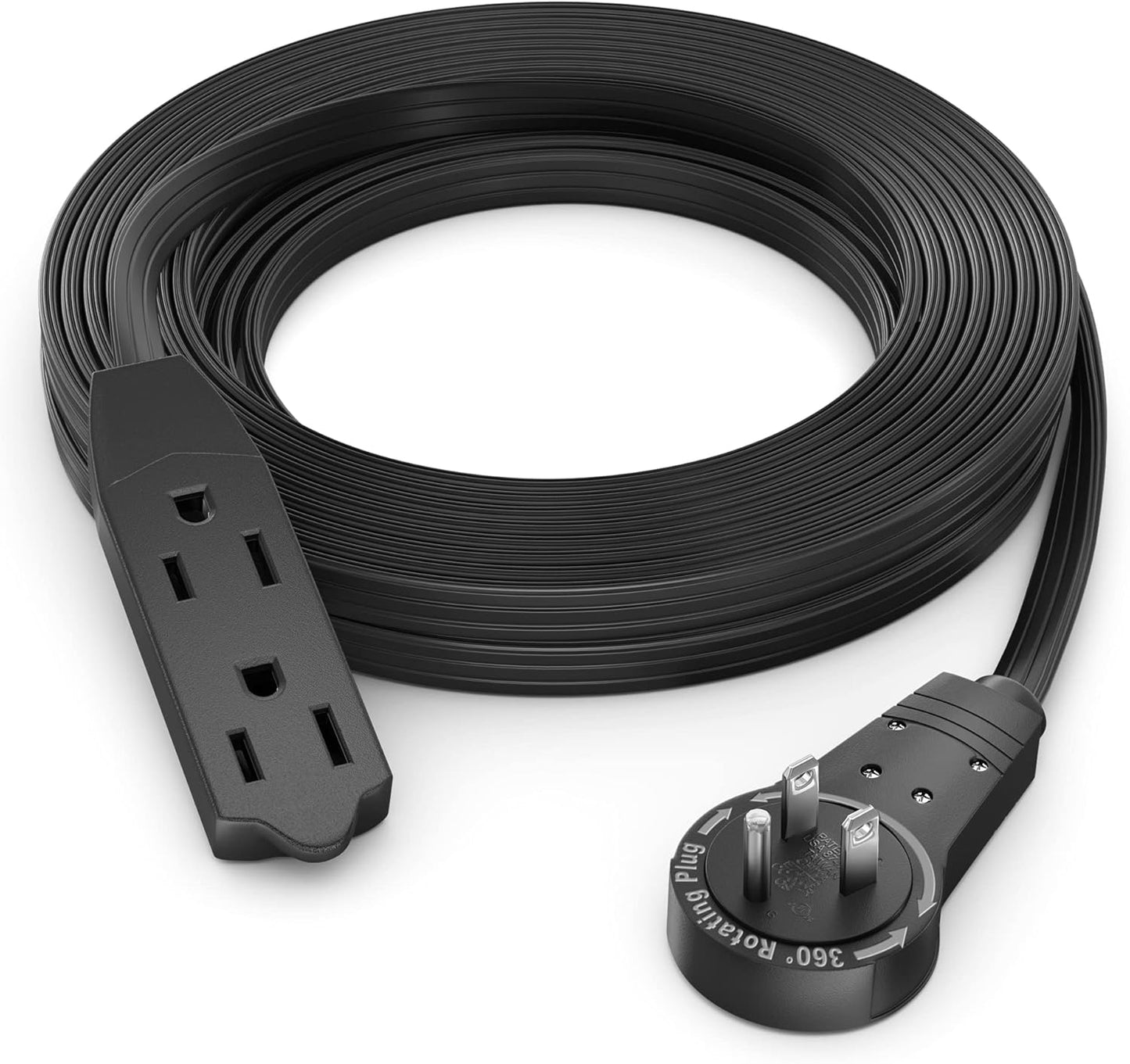Maximm Cable 15 Ft 360° Rotating Flat Plug Extension Cord/Wire, 16 AWG Multi 3 Outlet Extension Wire, 3 Prong Grounded Wire - Black - UL Certified