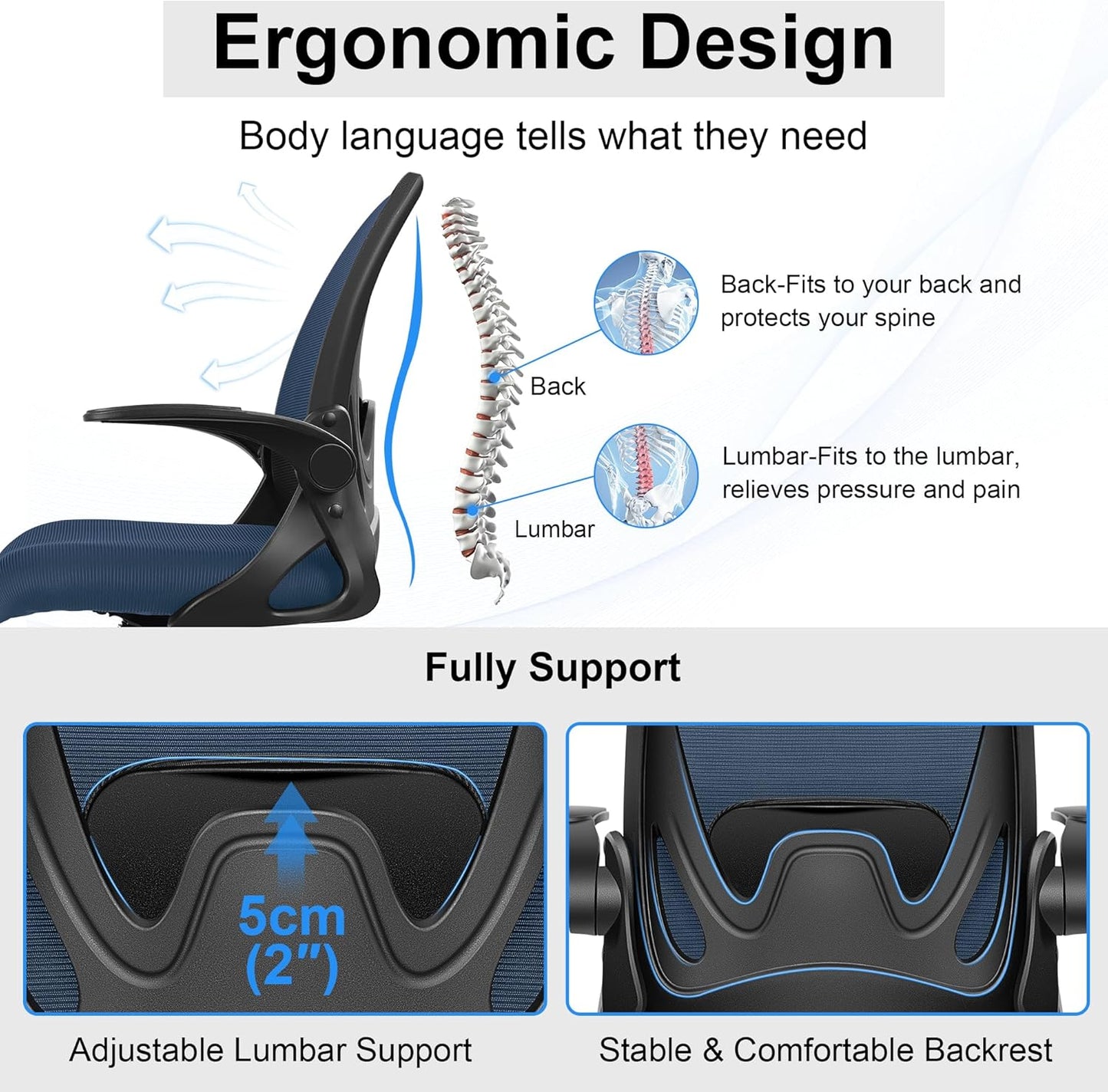 Drafting Chair Tall Office Chair with Flip-up Armrests, Adjustable Height, Enhanced Lumbar Support Ergonomic Rolling Stool, Back Support, Adjustable Foot Rest Ring for Standing Desk Navy