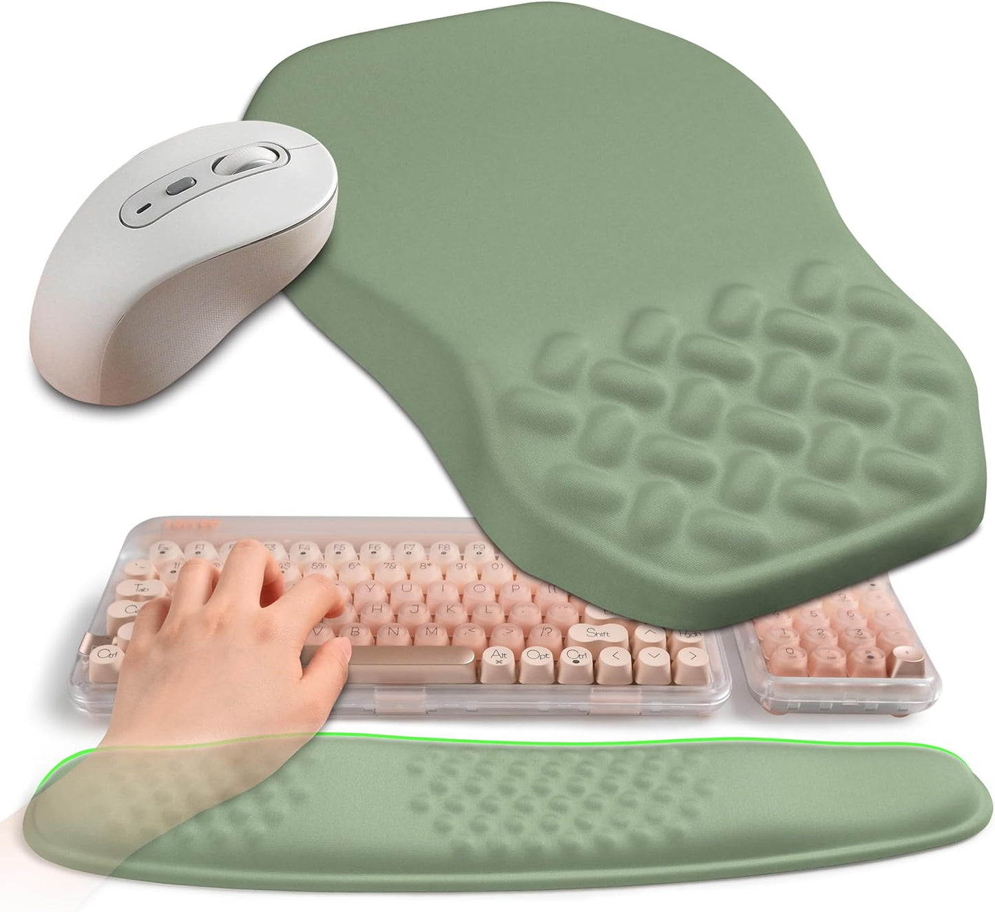 2-in-1 Ergonomic Set, Wave Keyboard Wrist Rest and Massage Slope Mouse Pad Wrist Support, Rebound Memory Foam for Relieve Carpal Tunnel Syndrome and Wrist Pain (Olive Green)