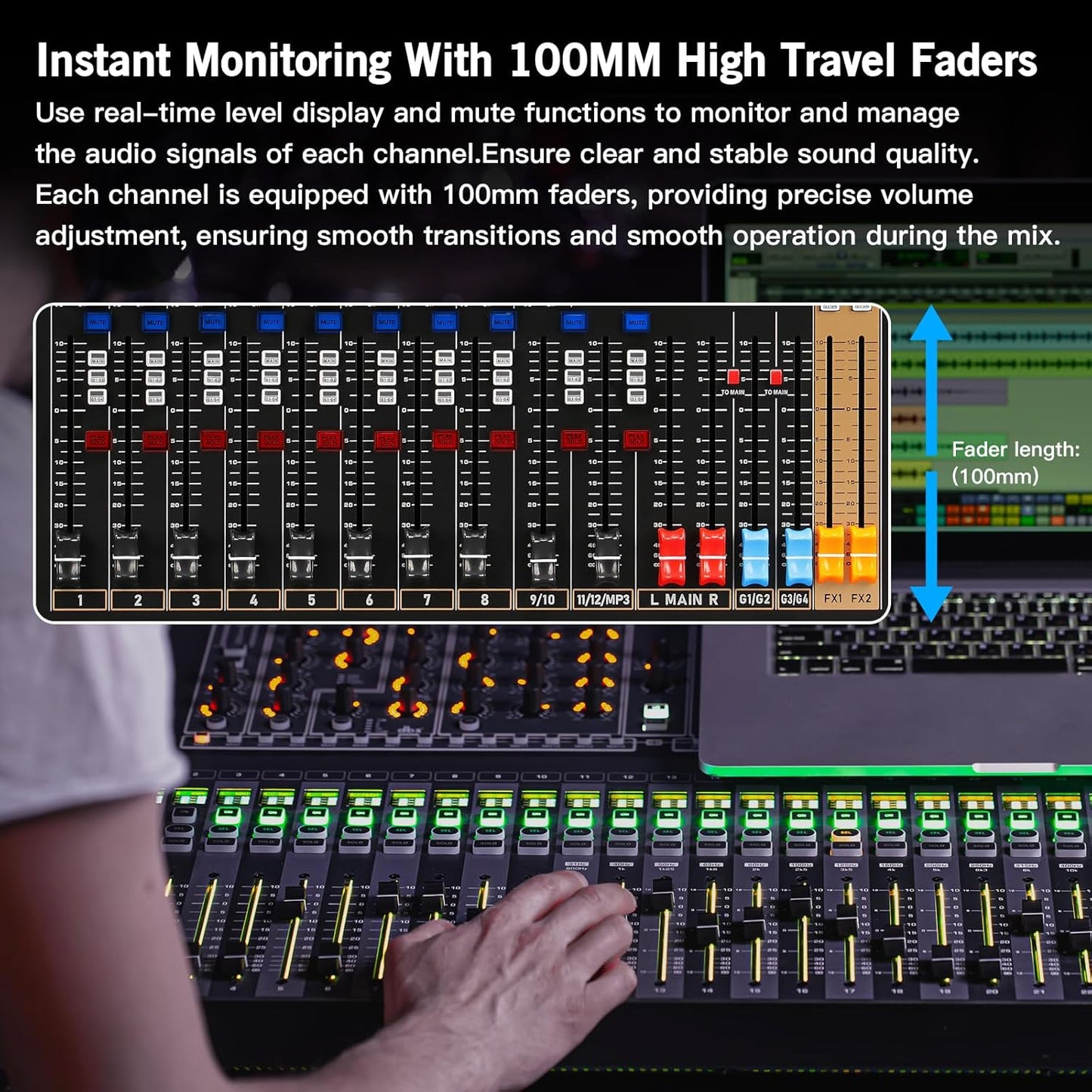 Digital Mixer 16 Channel,Sound Board Mixing Console, Dual DSP Reverb, Dual 7-Band EQ, 48V Phantom Power, 4 Group Stereo Output Input, PAD