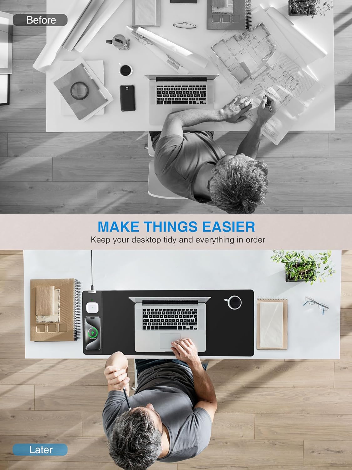 TopMade Mouse Pad with 15W Fast Wireless Charging, 31.5"x11.81" XL Large Gaming Waterproof Desk Pad with Ultra-Smooth Surface, Non-Slip Base, Classic Black Computer Desk Mat for MacBook, PC, Laptop