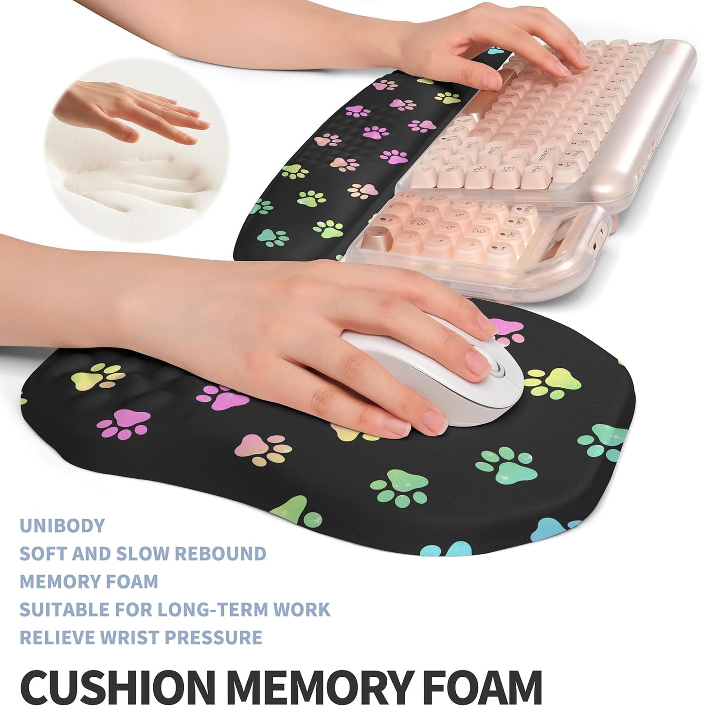 2-in-1 Ergonomic Set, Wave Keyboard Wrist Rest and Massage Slope Mouse Pad Wrist Support, Rebound Memory Foam for Relieve Carpal Tunnel Syndrome and Wrist Pain (Cute Cat Claws)