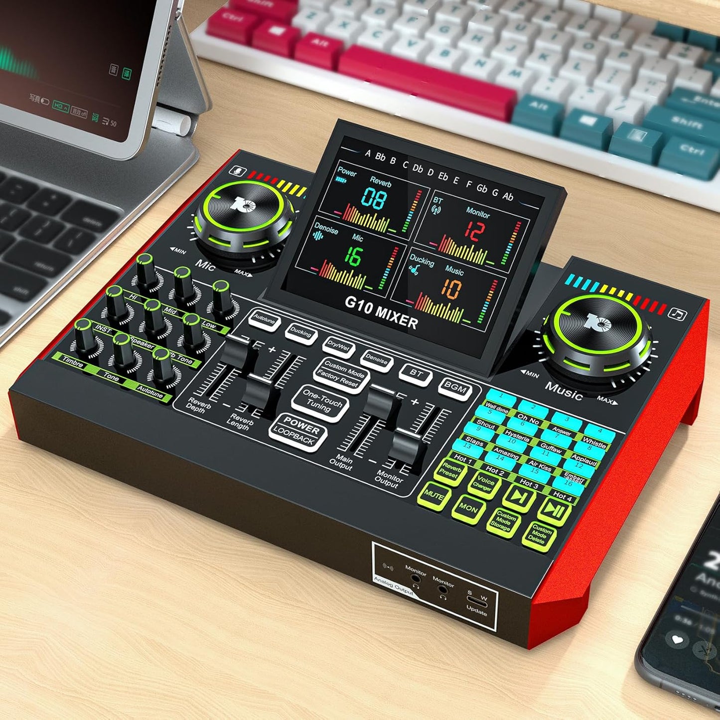 Audio Mixer, Sound Board for Pc/Phone Live Streaming Singing Gaming, Sound Mixer for 3.5mm/Xlr Dynamic/48V Microphone, Live Sound Card with DJ Mixer Effects & Voice Changer, Denoise, One Click Mute