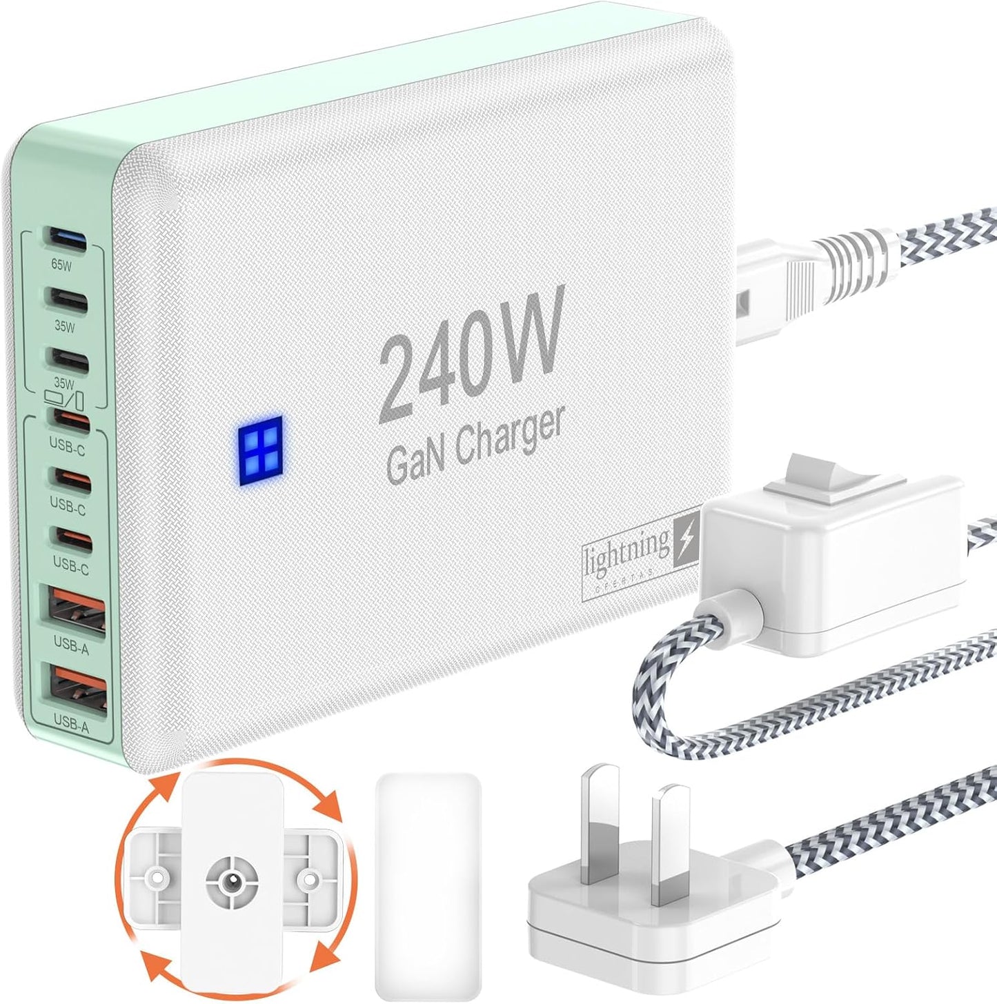 240W Fast Chargers for Multiple Devices 8 Ports, 6 Type C + 2 USB A Charger Block, Charging Station with Slim Flat Plug, 65W Power Hub for Laptops, PD GaN Charger Tower for iPhone, Samsung