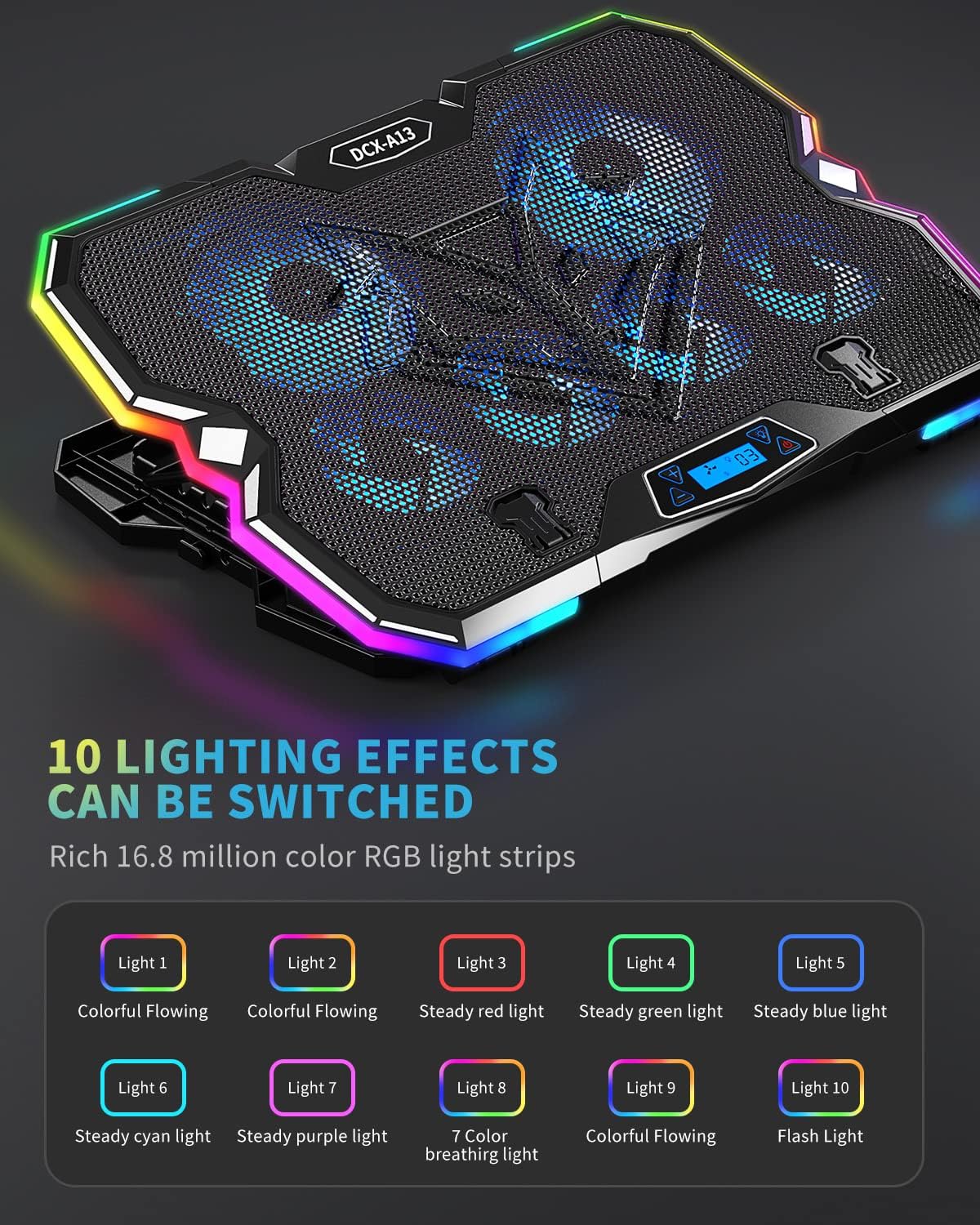 KeiBn Upgrade Laptop Cooling Pad A13,RGB Lights Laptop Cooler 6 Fans for up to 15.6 Inch Laptops,10 Modes Light, 7 Height Stands, 2 USB Ports - Blue