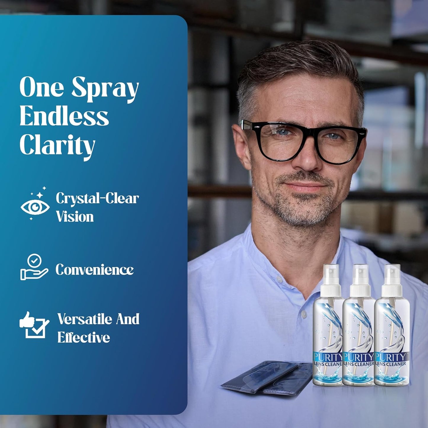 Purity Eyeglass Lens Cleaner Kit - 3 x 2oz Travel Size Lens Cleaner Spray Bottle + 2 Microfiber Cleaning Cloths - Safe for All Lenses (AR Coated Included), Eyeglasses and Screens - Clear