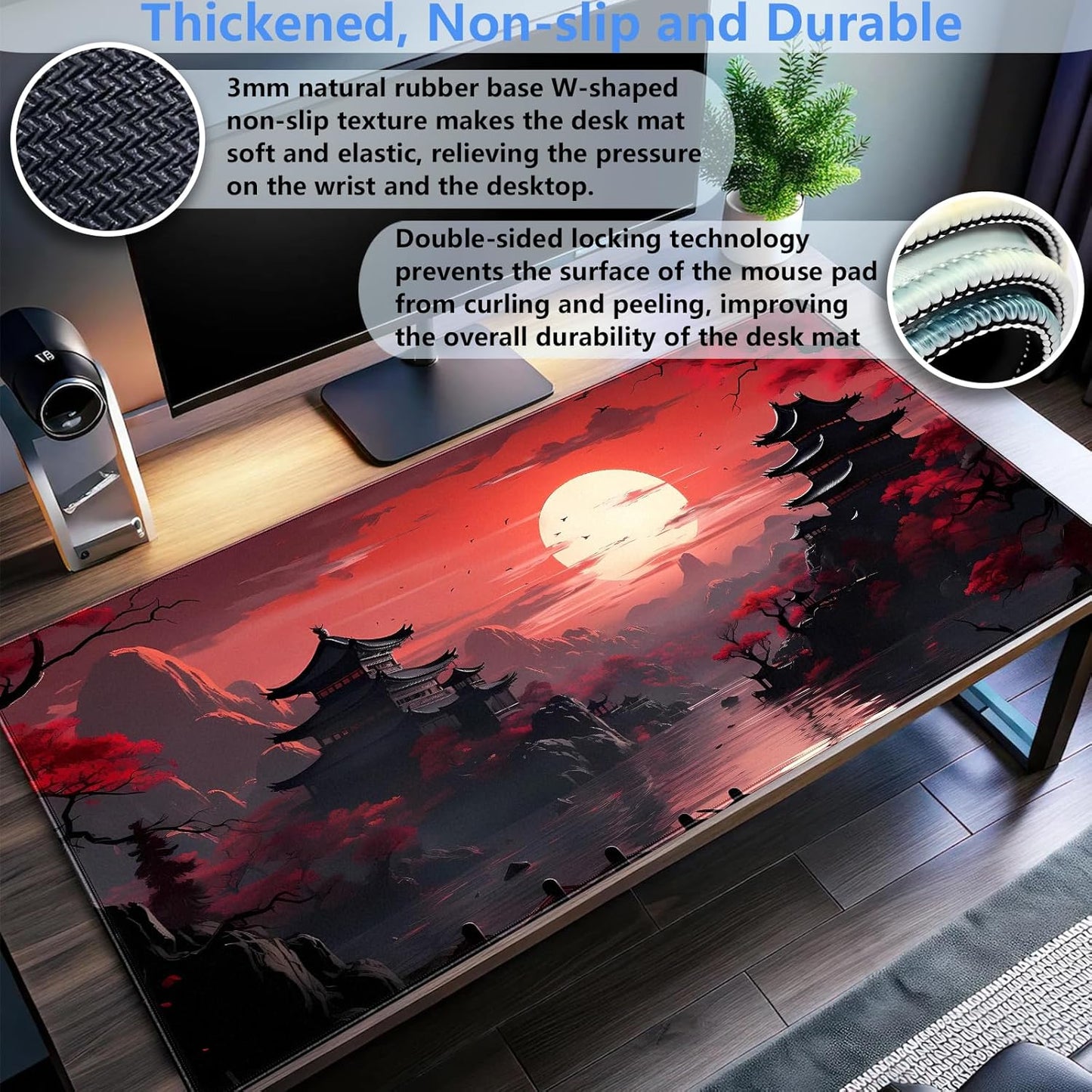 Red and Black Mouse Pad Japanese Desk Mat Gaming Mousepad Extended Large Mouse Pad for Desk 31.5''X15.7'' Red Full Moon Sakura Desk Pad Mat Laptop Computer Mouse Keyboard Mat for Office Desk Decor