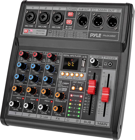Pyle Professional DJ Audio Mixer - 3-Channel Controller with 16 Preset DSP Effects - USB Interface - 3 Mic/Line Inputs - +48V Phantom Power - Built-in FX Processor - MP3 Player/Headphone Jack - PMX462