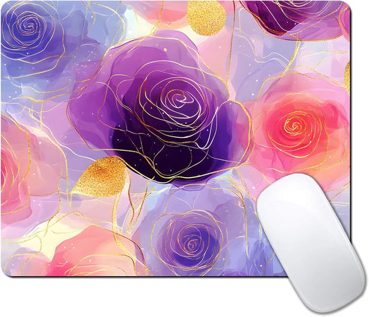 Aesthetic Gold Texture Rose Flower Custom Mouse Pad with Non-Slip Rubber, Small Square Design for Wireless Laptop & Computer Mouse Pads for Desk, 9.5 x 7.9 inch Smooth Surface for Gaming & Office