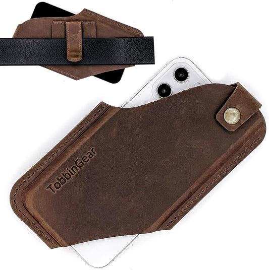 TobbinGear Leather Cell Phone Holster with Belt Clip, Leather Belt Pouch, Universal Phone Case on Belt for Men, Phone Holder for Smartphone, Right Handed, Dark Brown, Medium