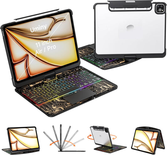 Keyboard Case for iPad 11 inch Pro 4/3/2/1st Gen & 11’’ iPad Air 2025 M3, 2024 M2 & 10.9" iPad Air 5th/4th Gen, 360° Rotating Stand Transparent Protective Cover with Pencil Holder (Black)