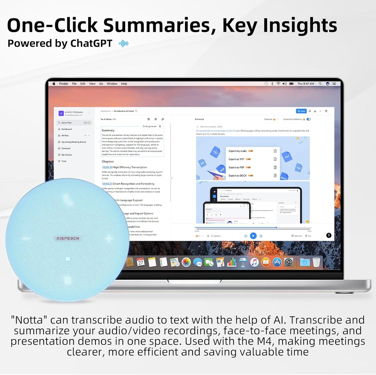 Bluetooth Conference Speakerphone M4 with AI Noise Reduction, AI Summaries, AI Transcription with 60-Language Support, 13FT 360° Voice Pickup,10-Hour Battery Life for Zoom and Teams, Blue
