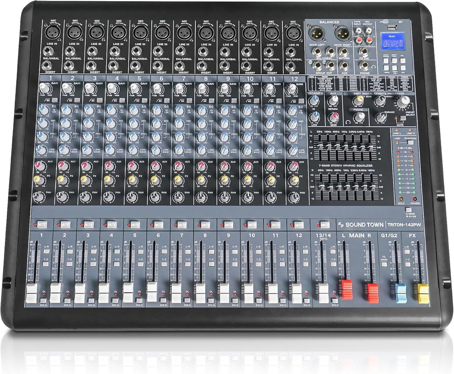 Sound Town 14-Channel 2x800W Powered Mixer w/ 2 Bus, DSP effects, USB, MP3, Dual 7-band EQ, Phantom Power (TRITON-142PW)