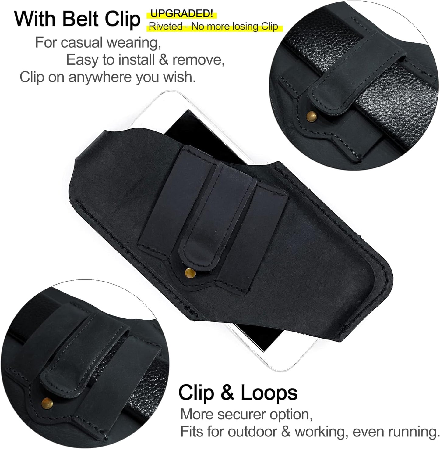 TobbinGear Leather Cell Phone Holster with Belt Clip, Universal Phone Holster for Men Belt Holder, Leather Case for iPhone, Samsung Galaxy Phones, Black, Large