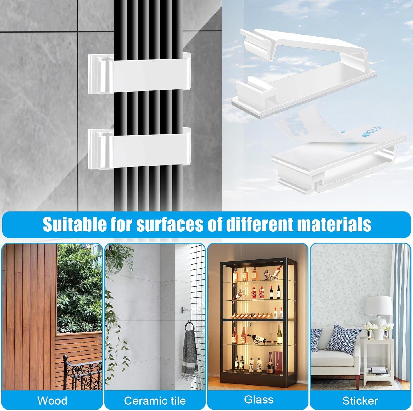 XHF 80 PCS Self Adhesive Cable Clips(XL) White,Wire Clips Cable Management Wire Organizer Cord Holder for Under Desk, Car, Wall, TV PC Ethernet Cable