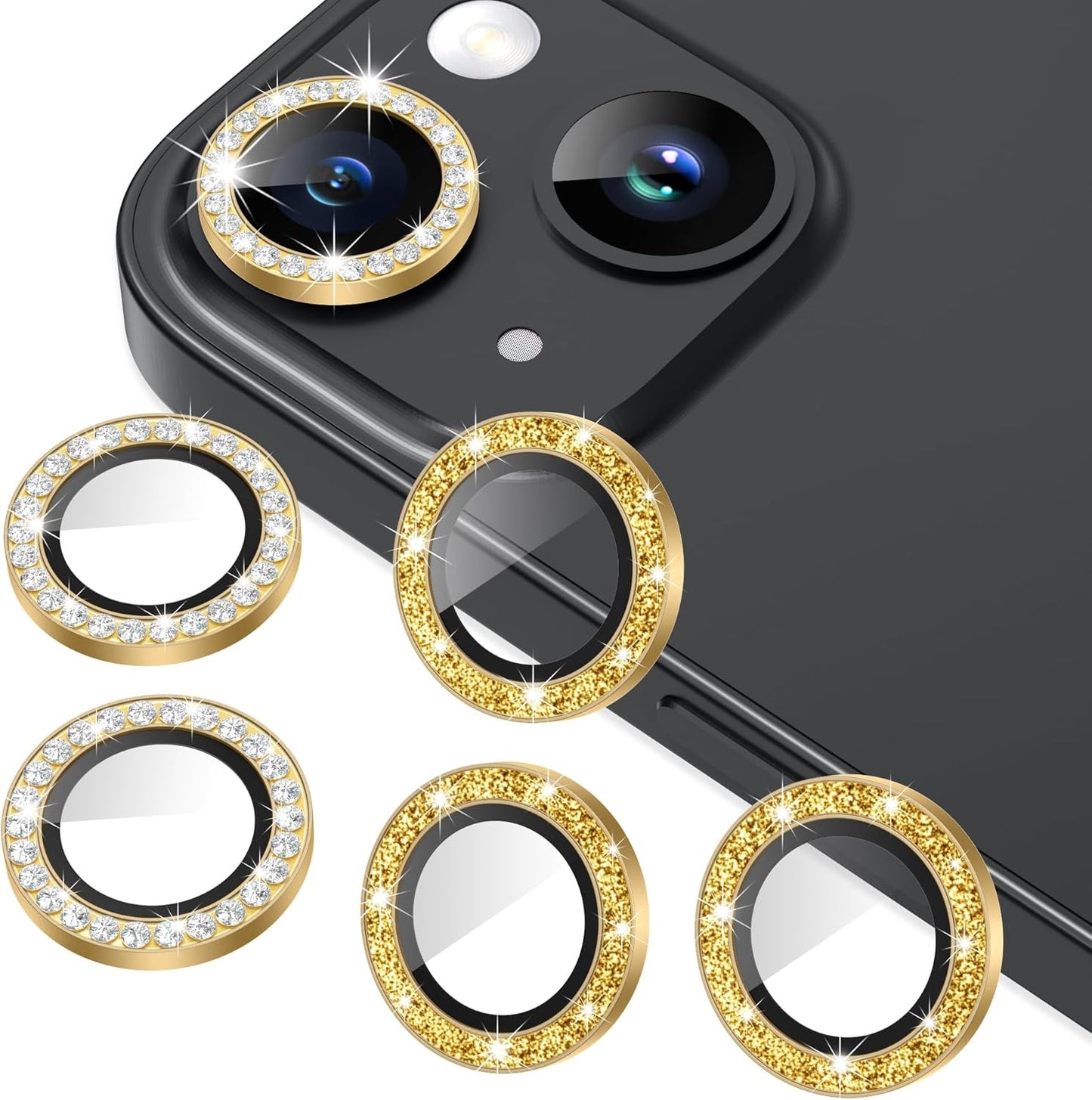 AGVEE 3+3 6 Pack for iPhone 15/15 Plus Camera Lens Protector, Bling Diamond & Bling Glitter Metal Ring 9H Tempered HD Glass Camera Protector Cover Film, Bling-Gold