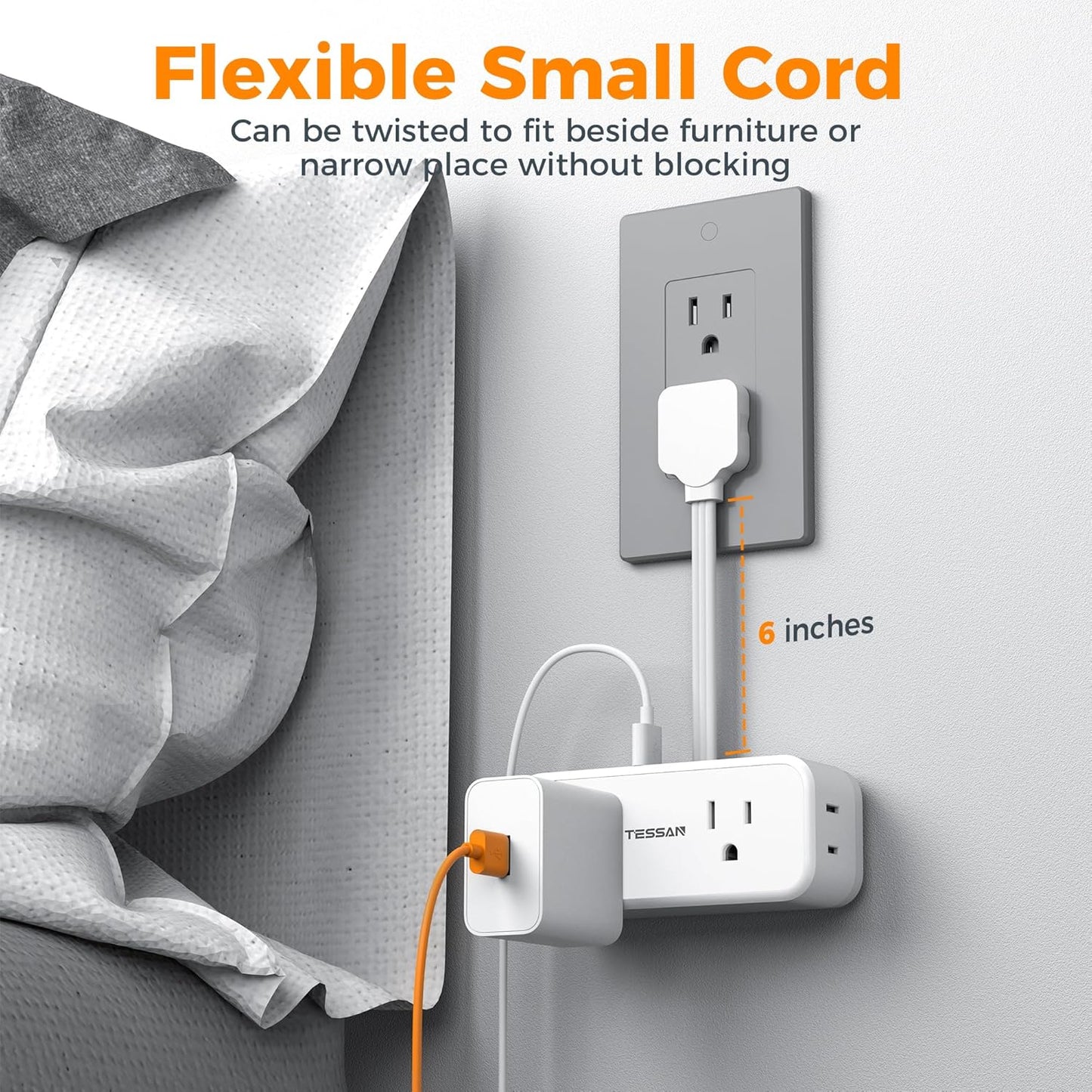 Small Extension Cord 6 inch, TESSAN Thin Flat Plug Power Strip with 4 AC Outlets 3 USB (1 USB C) Ports, Silm Charging Station Desk Organizers for Home Bedroom Hotel Office Desktop Accessories