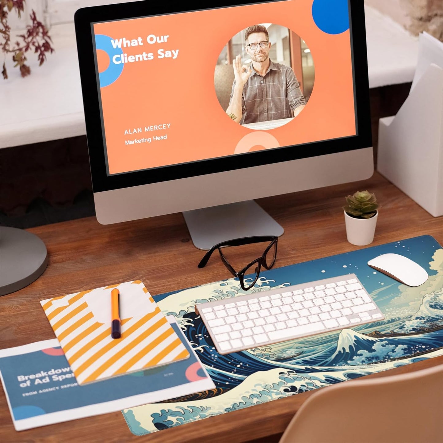 Desk Mat,Blue Japanese Sea Wave Desk Pad,Japanese Sea Wave Large Gaming Mouse Pad for Desk,Extended Big Computer Keyboard Mouse Pad with Non-Slip Base and Stitched Edge,31.5"x11.8"