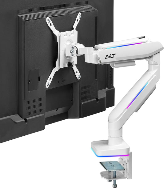 AVLT RGB Lights Single 17”-49” Gaming Monitor Arm Desk Mount, Fits One Flat/Curved/Ultrawide Screen up to 44lbs(20kg), Height Swivel Tilt Adjustable Stand - White