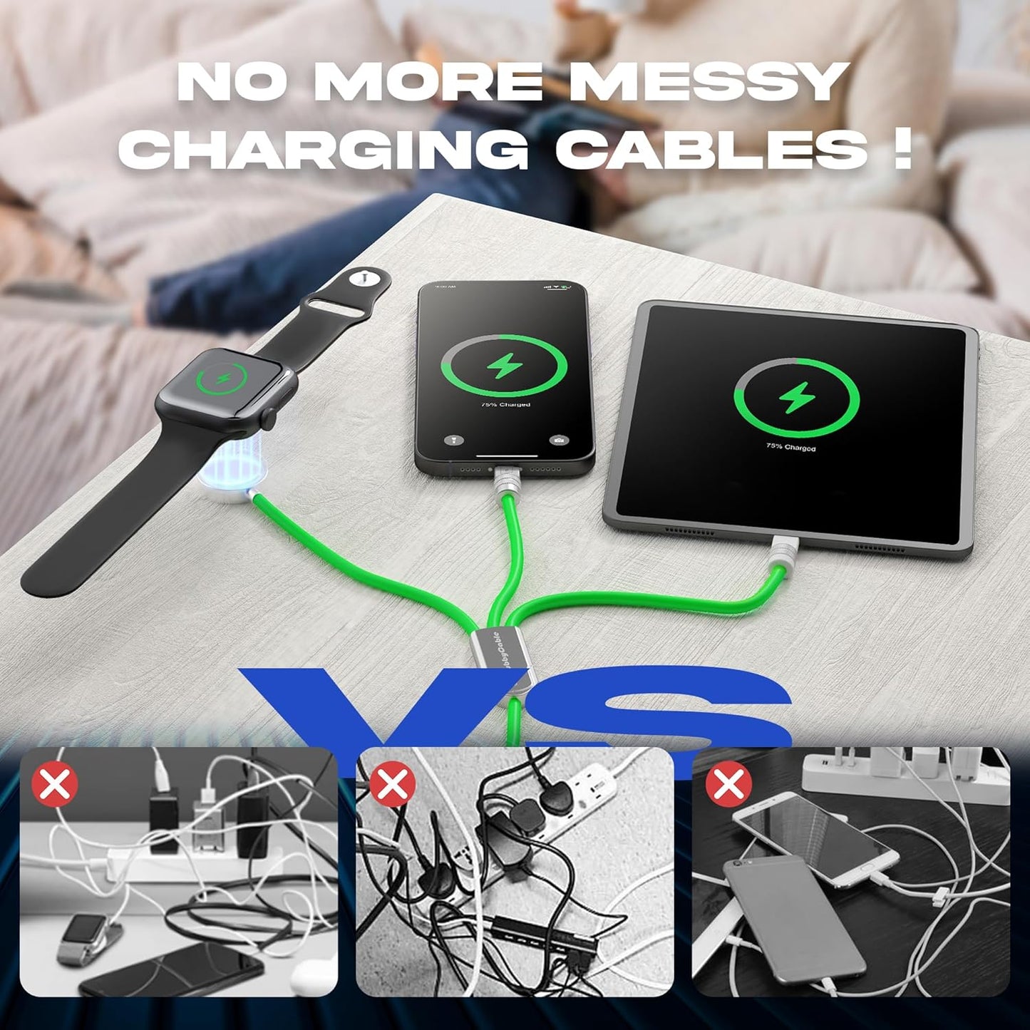 chubbycable Tri-Flex 3 in 1 USB C Cable for Apple Watch Charger Silicone 100W Multi Charging Cable Fast Charge Compatible with iPhone 16/15 Series iWatch iPad Airpods MacBook, 4.1FT, Black