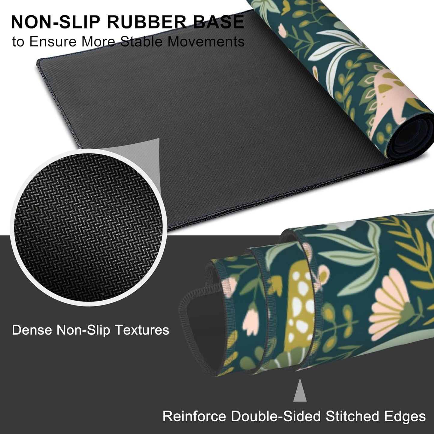 Mouse Pad, Large Dinosaurs with Tropical Plants Desk Mat, Extended Non-Slip Gaming Keyboard Mousepad Desk Pad, Thick Stitched Edges Waterproof Mouse Mat 31.5"x15.7" (Cute Dino and Flowers)