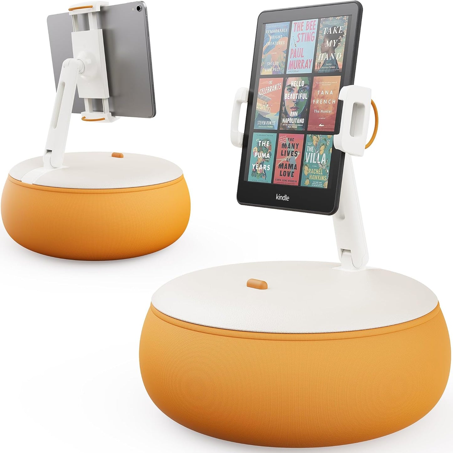 SAIJI Tablet Holder Pillow, Kindle Holder Compatible with 4.7-15.6” Kindle, Tablet, Phone, Portable Monitor, 360° Adjustable Tablet Stand for Bed with Flexible Dual Axis Arm & Microbead Cushion-Orange