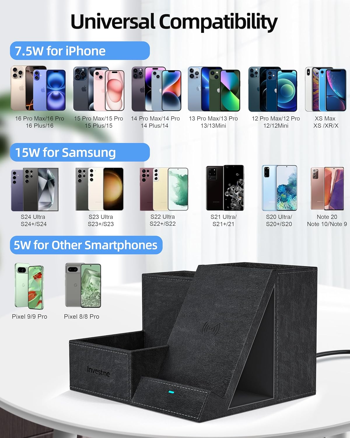 Wireless Charger with Desk Organizer, Pen Pencil Holder, Multifunctional Desktop Organizer, Office Supplies and Desk Accessories Organizer with 3 Compartments and 1 Phone Stand, PU Black