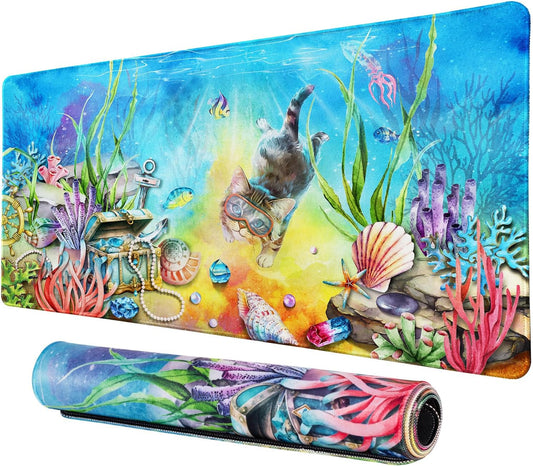 Lokigo Desk Pad Cool Cat, Big Desk Mat Cute Cat Ocean Underworld Extended Large Gaming Mouse Pad for Desk Boys Girls Non-Slip Rubber Base Stitched Edges Mouse Mat Office Home Laptop Desk Matt