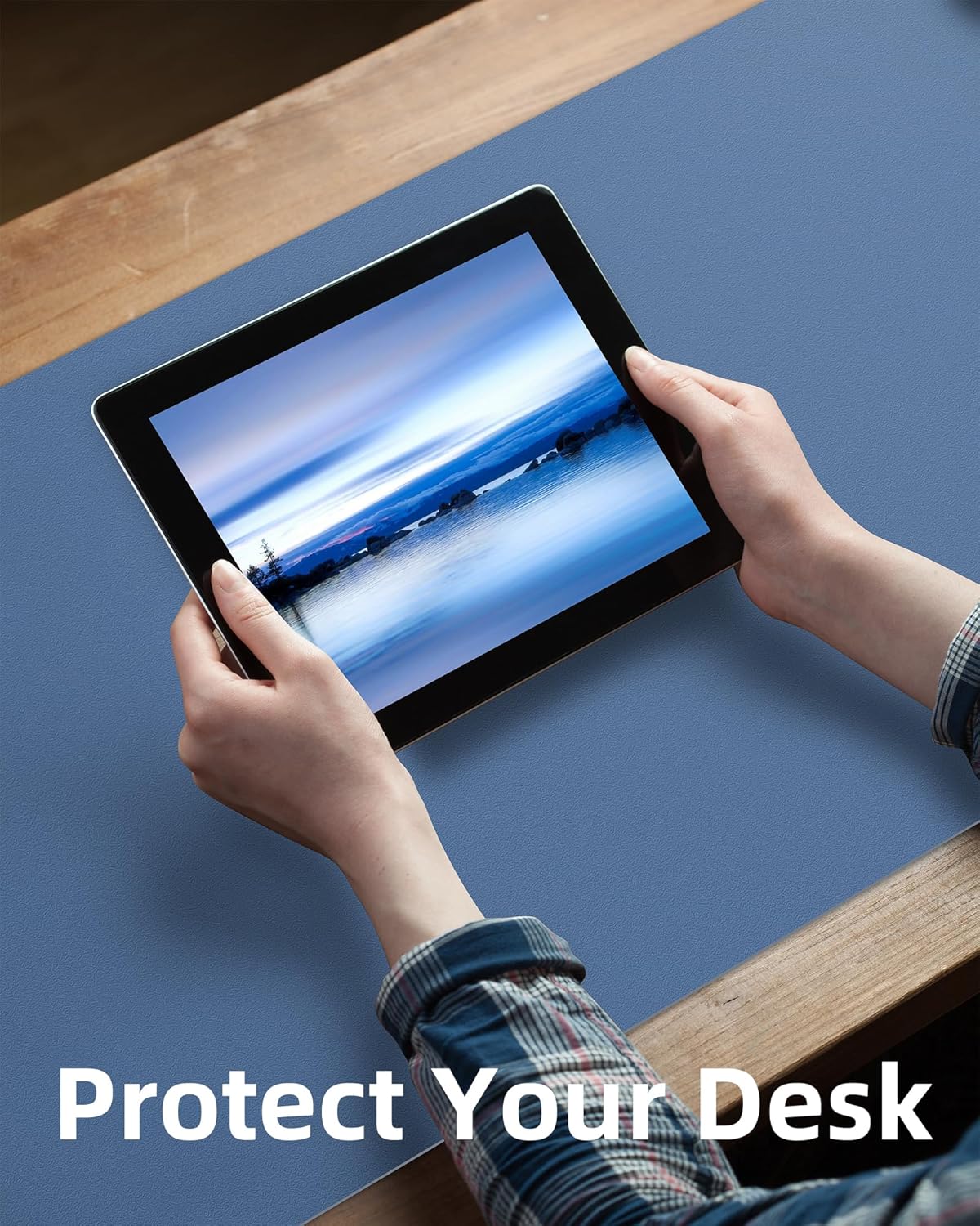 AFIING Leather Desk Pad Protector,Mouse Pad,Office Desk Mat, Non-Slip PU Leather Desk Blotter,Large Desk mat,Waterproof Keyboard mat for Office/Home/Decor (Grey Blue,55"" x 17"")