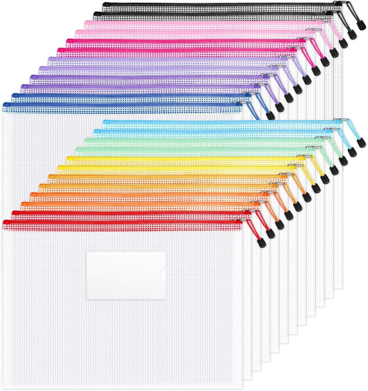 Sooez 24 Pack Super Large Mesh Zipper Pouch Bags, B4 (15.6×11.2 in) Pencil Pouch Bulk with Label Pocket, Waterproof Organizers for Board Game Storage, File Bags for School, Travel & Office, 12 Colors