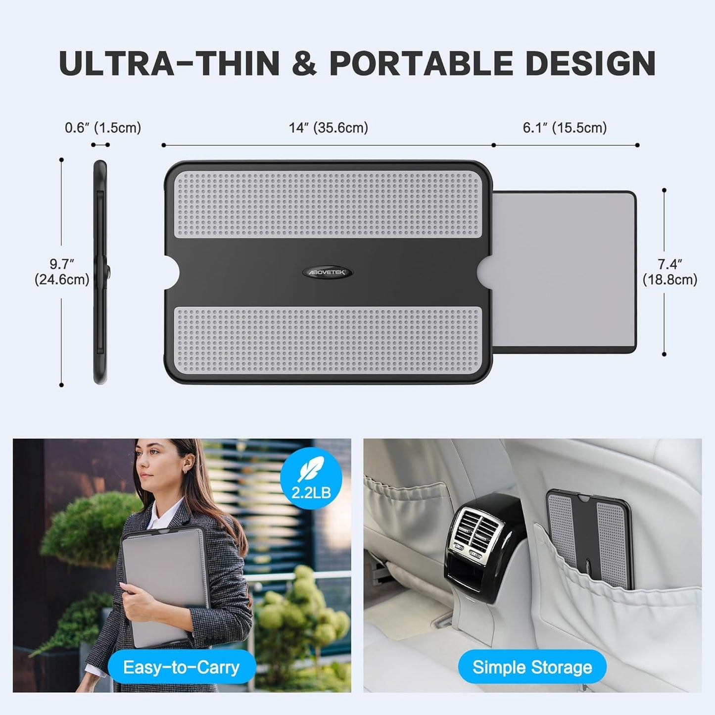 AboveTEK Portable Laptop Lap Desk w/Retractable Left/Right Mouse Pad Tray, Non-Slip Heat Shield Tablet Notebook Computer Stand Table w/Sturdy Stable Work Surface for Bed Sofa Couch or Travel