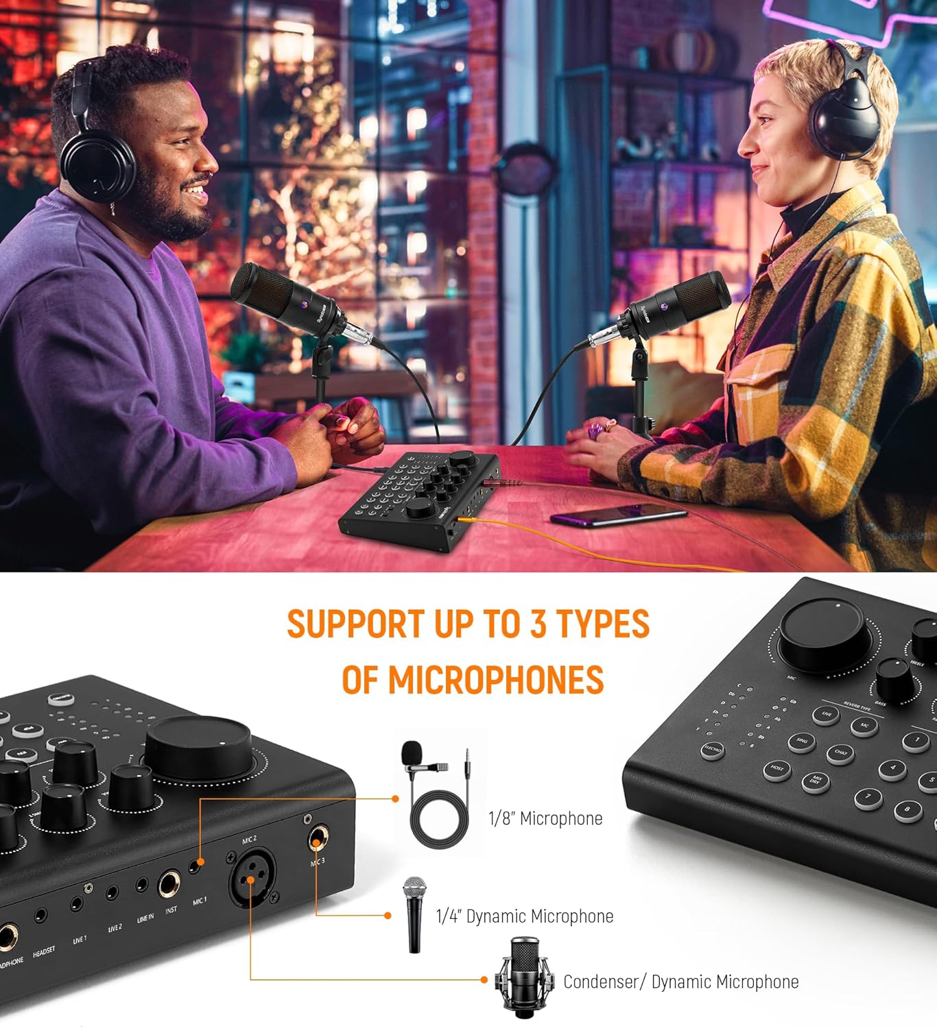 Synido Podcast Equipment Sound Card, Audio Interface Mixer with Pro-preamp, 48V Phantom, 9 Customize Sound Pads, XLR, 1/4", 1/8" Inputs for Live Streaming/Music Recording/Gaming/PC/Guitar, Black