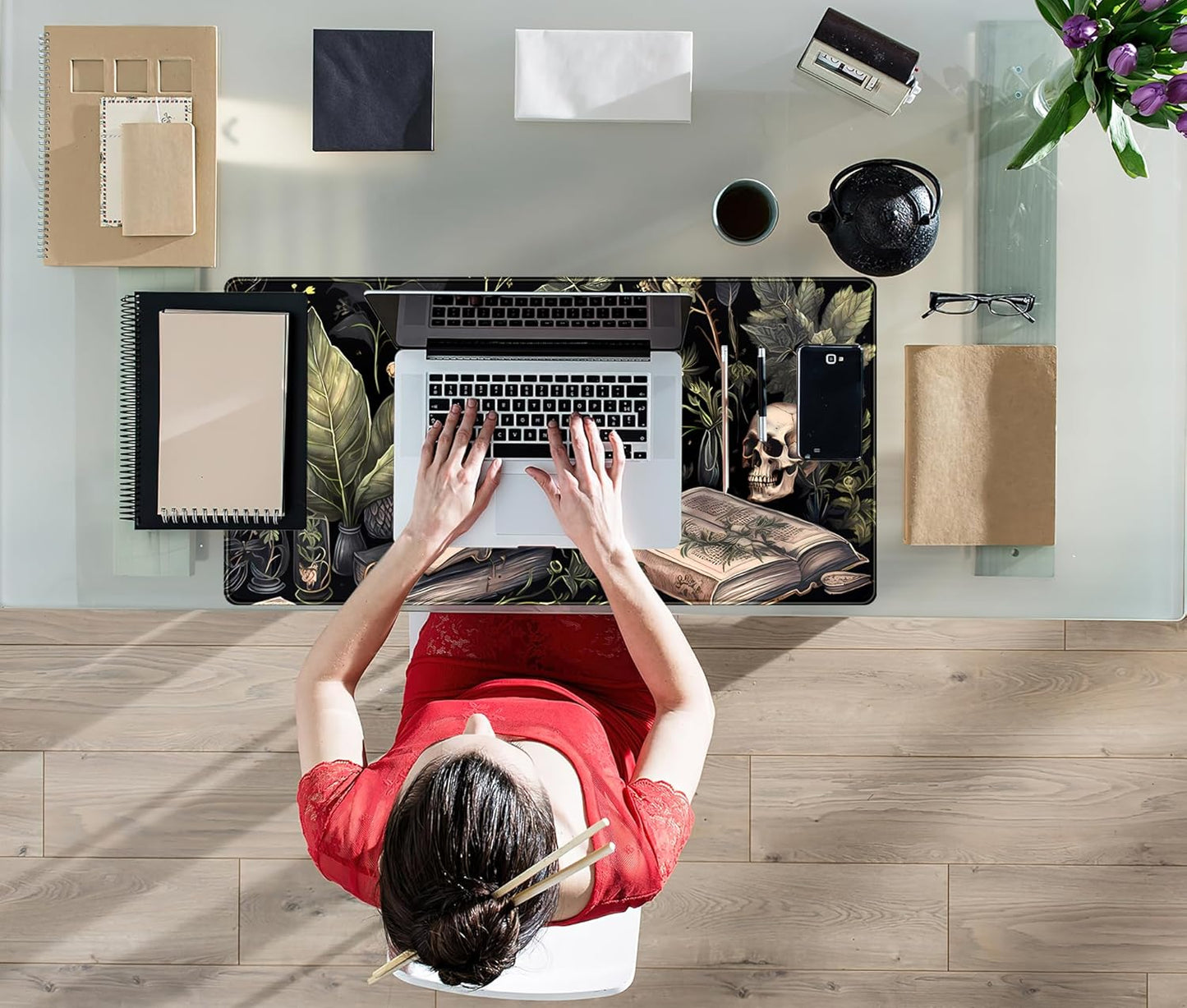 Cute Skull Desk Mat Dark Academia Desk Matt for Desktop Kawaii Anime Plants Mouse Pad XXL Extended Large Gaming Desk Pad, Laptop Computer Keyboard Mouse Mat Office Decor Accessories, 31.5x15.75 in