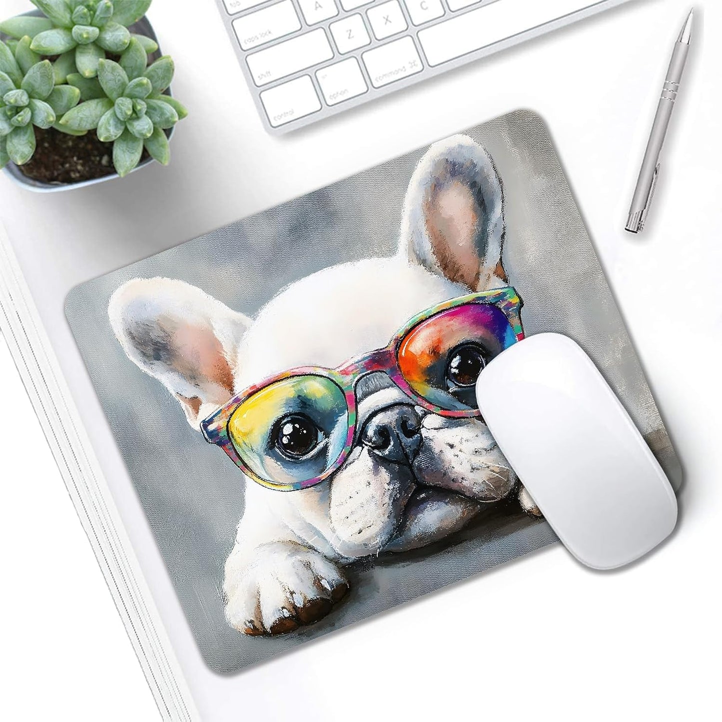 Mouse Pad, Cute Watercolor Bulldog Dog Mouse Pads for Desk, 9.5" x 7.9" Non-Slip Rubber Base Computer Mousepad with Women, Portable Square Design for Wireless Mouse and Pad Laptop Office & Travel