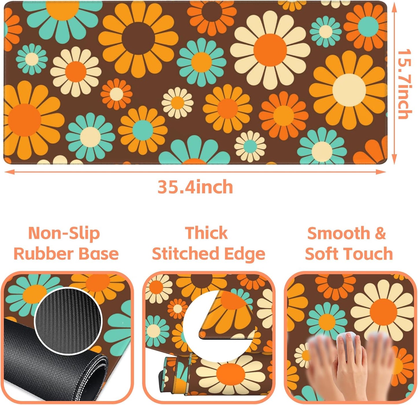 Mouse Pad Large Retro Flower Non-Slip Game Desk Mat with Stitched Edge Laptop Keyboard Desk Pad for Work Home Gaming (35.4 x 15.7 Inches)