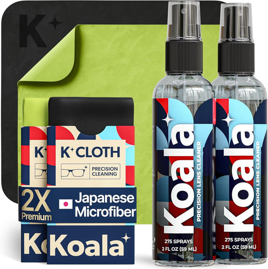 Koala Eyeglass Lens Cleaner Spray Kit | (2x) Glasses Cleaner Bottle + (2x) Microfiber Cloth | Alcohol Free Eyeglasses, Screen, and Camera Cleaning Kit | Made in USA (4 Piece Set)