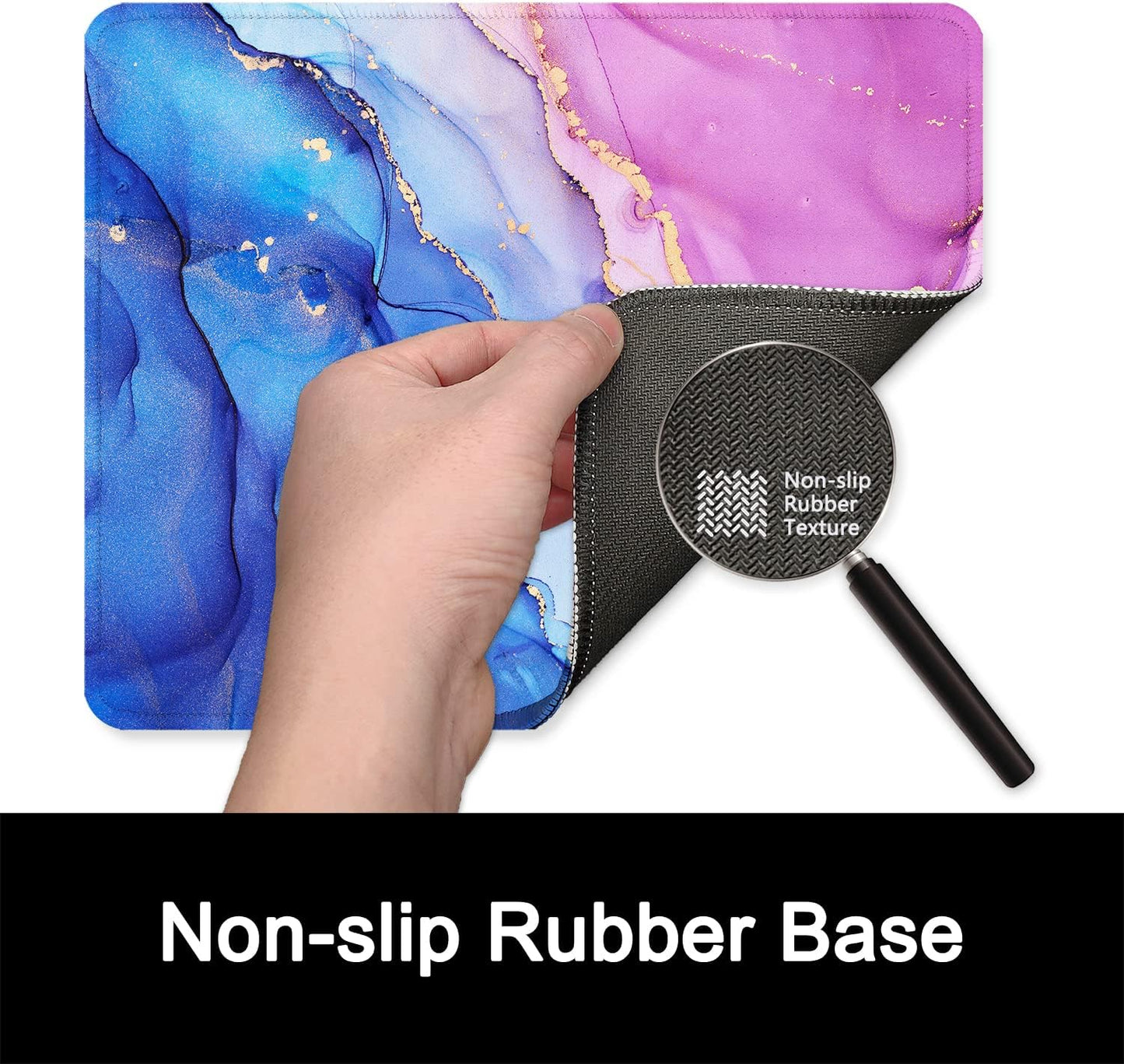 ITNRSIIET Mouse Pad with Stitched Edge Premium Textured Smooth Precise Operation Waterproof Washable Non-Slip Rubber Base Desktop Protection Mat, 10.2×8.3×0.12 inches, Blue Purple Marble Art